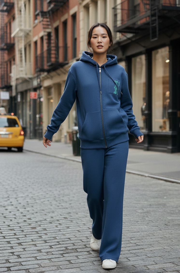 WW045-N 女裝棉質藍色拉鏈連帽外套