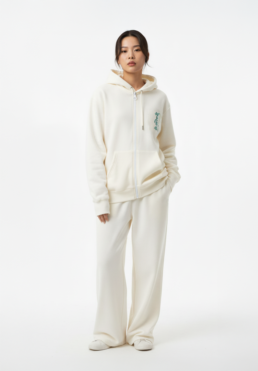 WW045-I 女裝棉質米白色拉鏈連帽外套