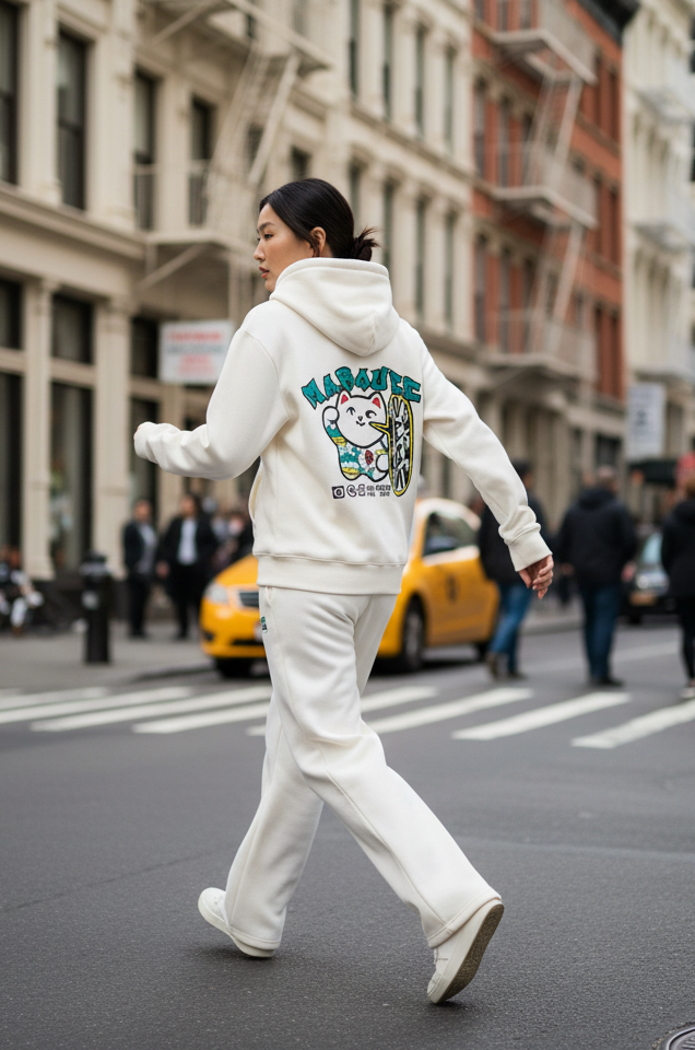 WW045-I 女裝棉質米白色拉鏈連帽外套