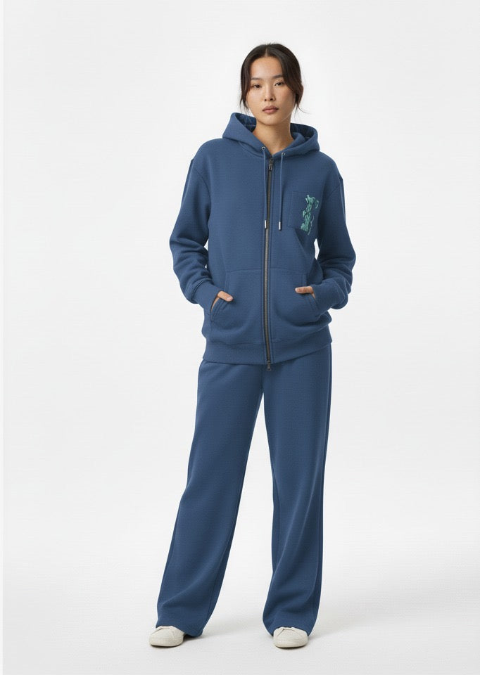 WW045-N 女裝棉質藍色拉鏈連帽外套