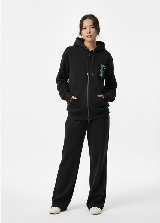 WW045-B 女裝棉質黑色拉鏈連帽外套