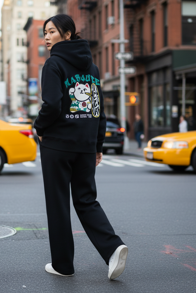 WW045-B 女裝棉質黑色拉鏈連帽外套